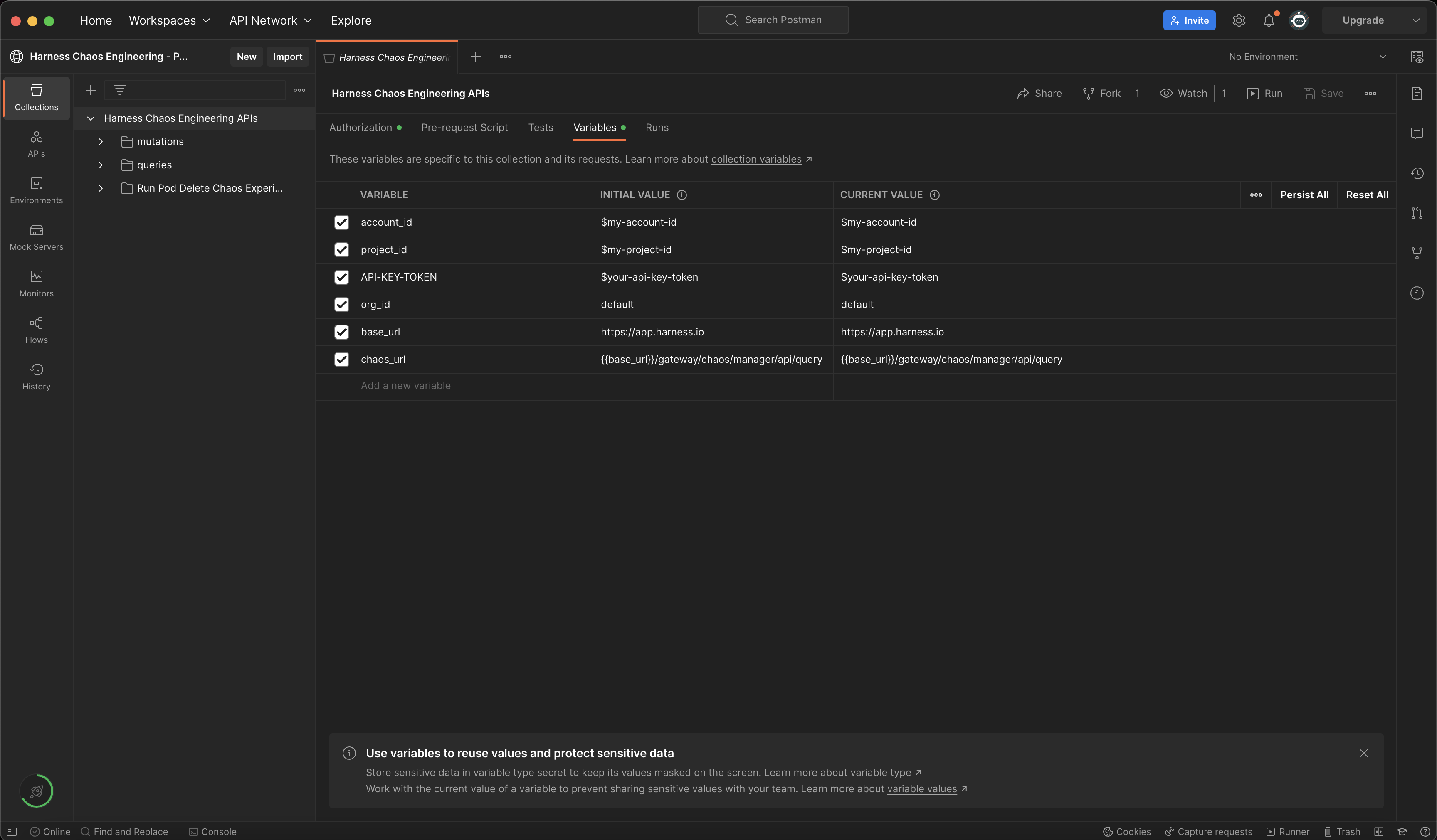 Variables In Harness CE Postman Collection UX